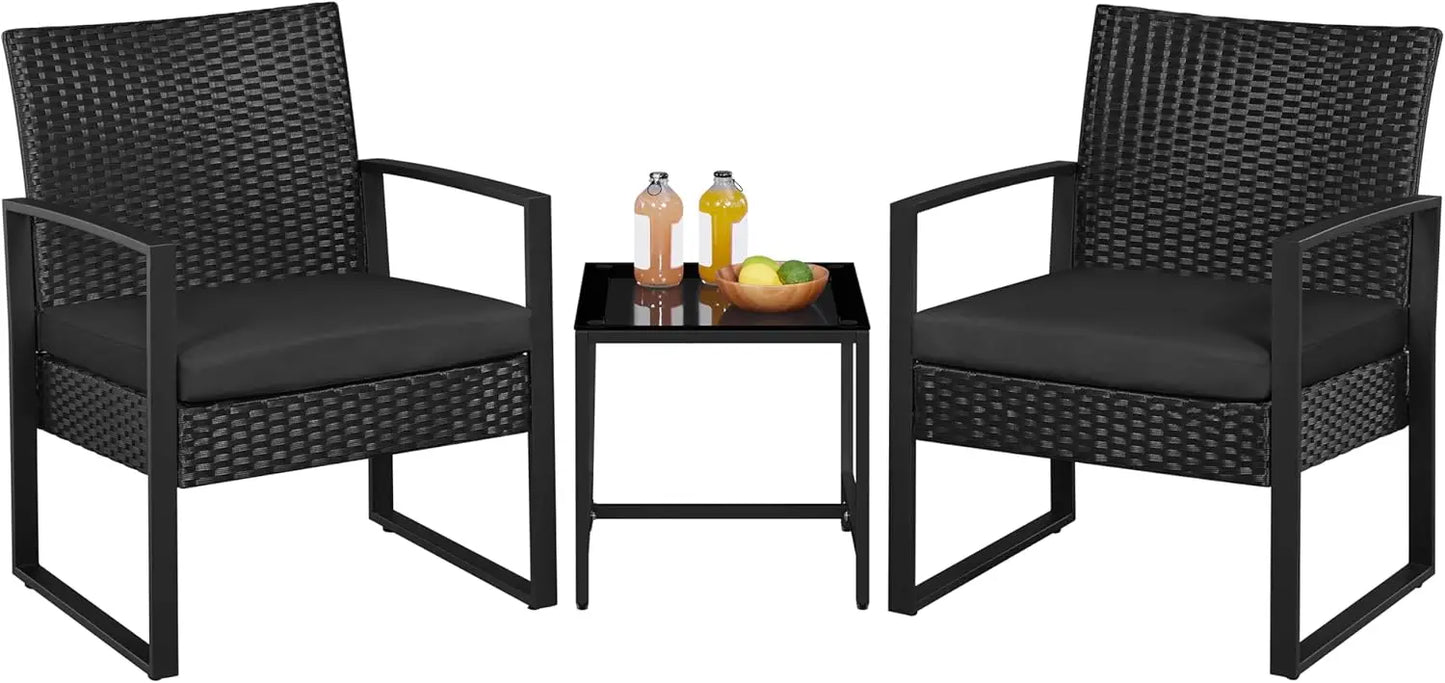 3 Pieces Rattan Bistro Set Indoor Outdoor Wicker Patio Modern Conversation Furniture 2 Chairs and Tempered Glass Coffee Table