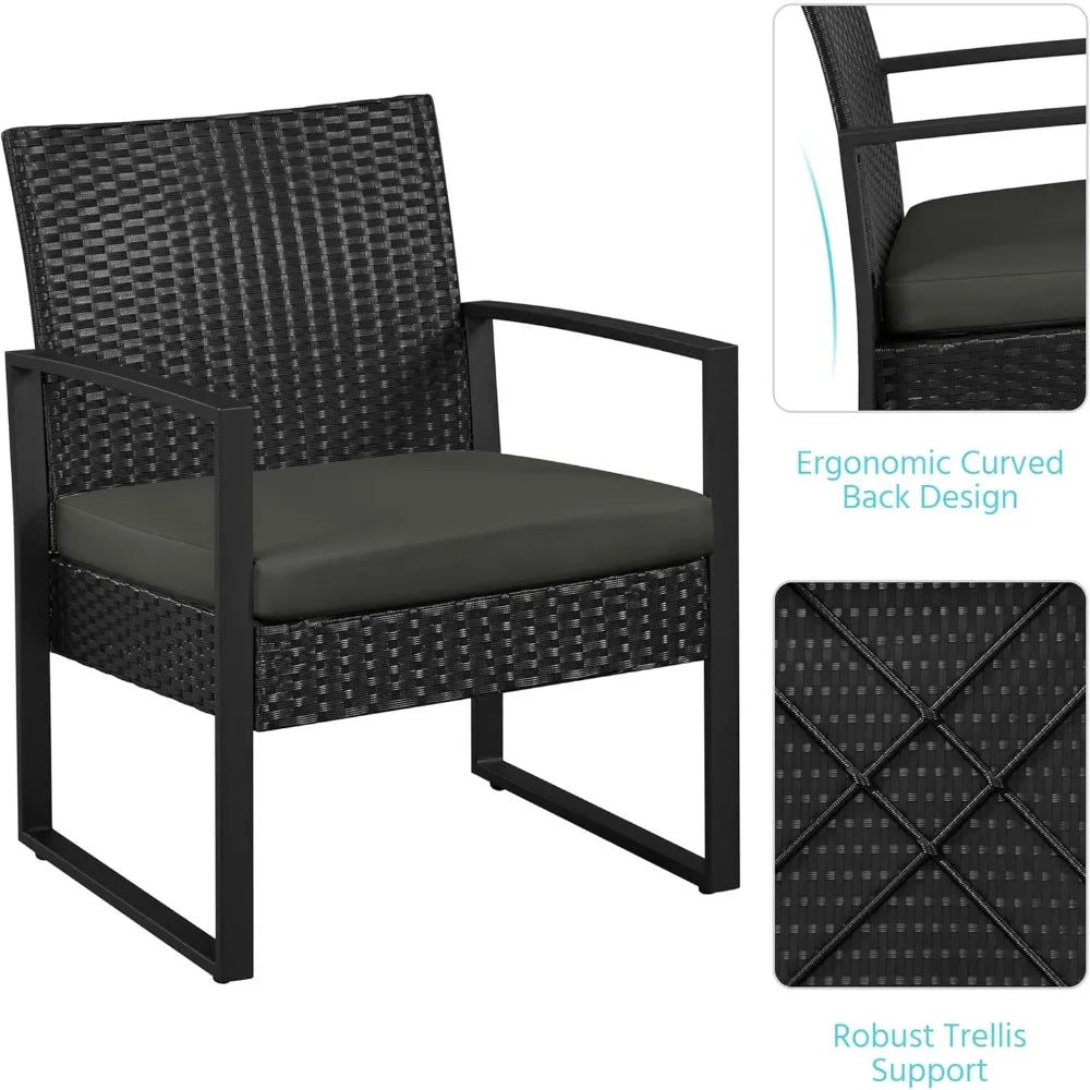 3 Pieces Rattan Bistro Set Indoor Outdoor Wicker Patio Modern Conversation Furniture 2 Chairs and Tempered Glass Coffee Table