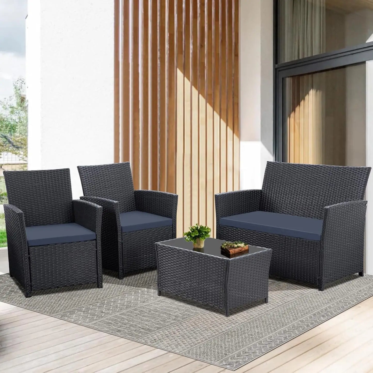 4 Piece Outdoor Patio Sectional Set Rattan Wicker Table And Chairs Loveseat