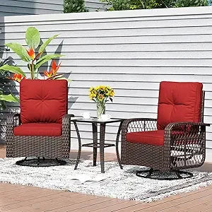 3 Pieces Patio Furniture Set With Swivel Rocker Chairs Set Of 2 Wicker Outdoor Bistro Set With Rocking Chair And Thickened Cushions