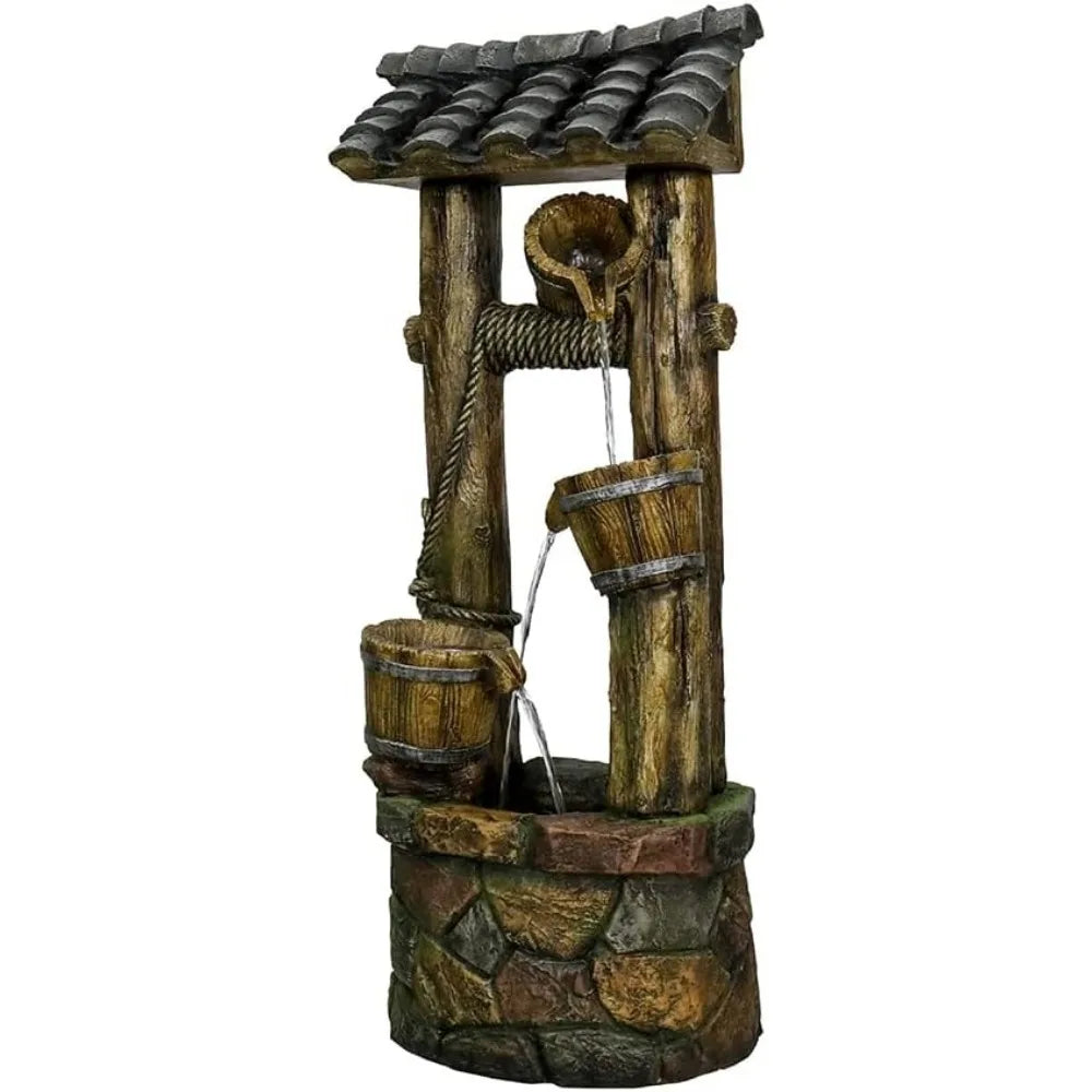 Wishing Well Water Fountain, 39.3inches Rustic Outdoor Water Fountains - Outdoor Cascading Waterfall with Buckets, Pump & Lights