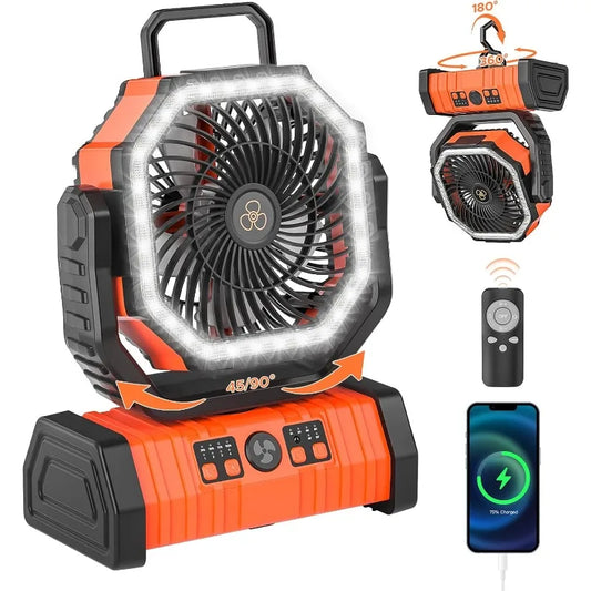 Rechargeable Camping Fan with LED Lantern 20000mAh Auto Oscillating Battery Operated with Remote Hook and Timer