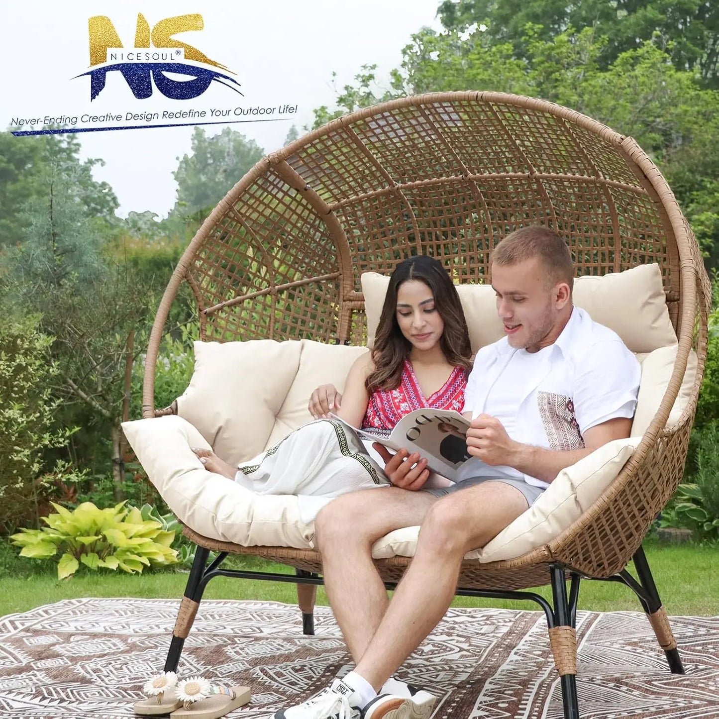 Double Egg Chair Indoor Outdoor Stationary Oversized Thicken Padded Cushions Two Person Egg Loveseat Chair 680 Pounds Extra Large Lounge Chair for Patio Balcony Porch Backyard Beige