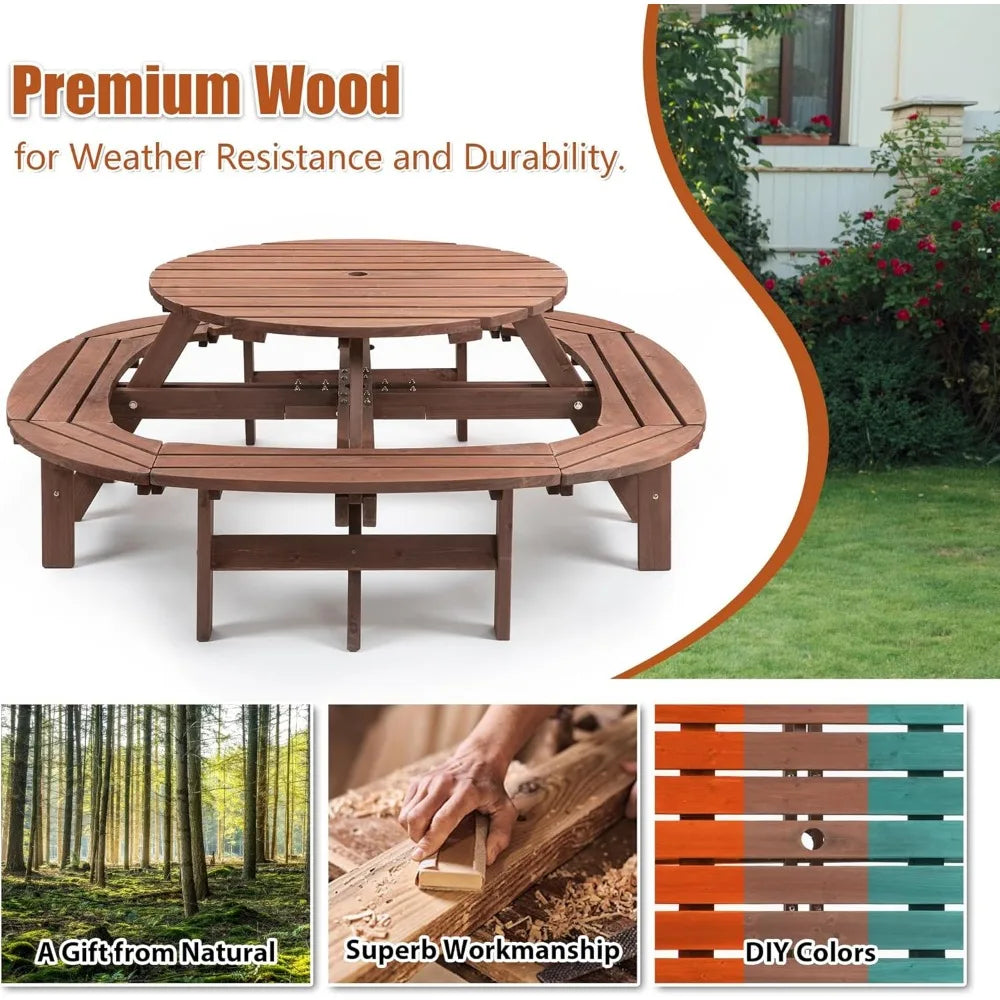 10 Person Solid Wood Round Picnic Table and Bench Set with Umbrella Hole Outdoor Furniture