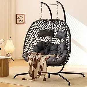 Double Hanging Swing Egg Chair with Stand, Hexagon Wicker Hammock Swing Chair for Outdoor Garden Patio, 2 Person Egg Chair with