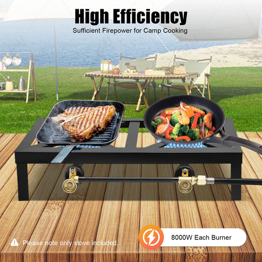 8000W Double Burner Camping Stove Portable Gas Cooker Cast Iron Camp Stove Hose