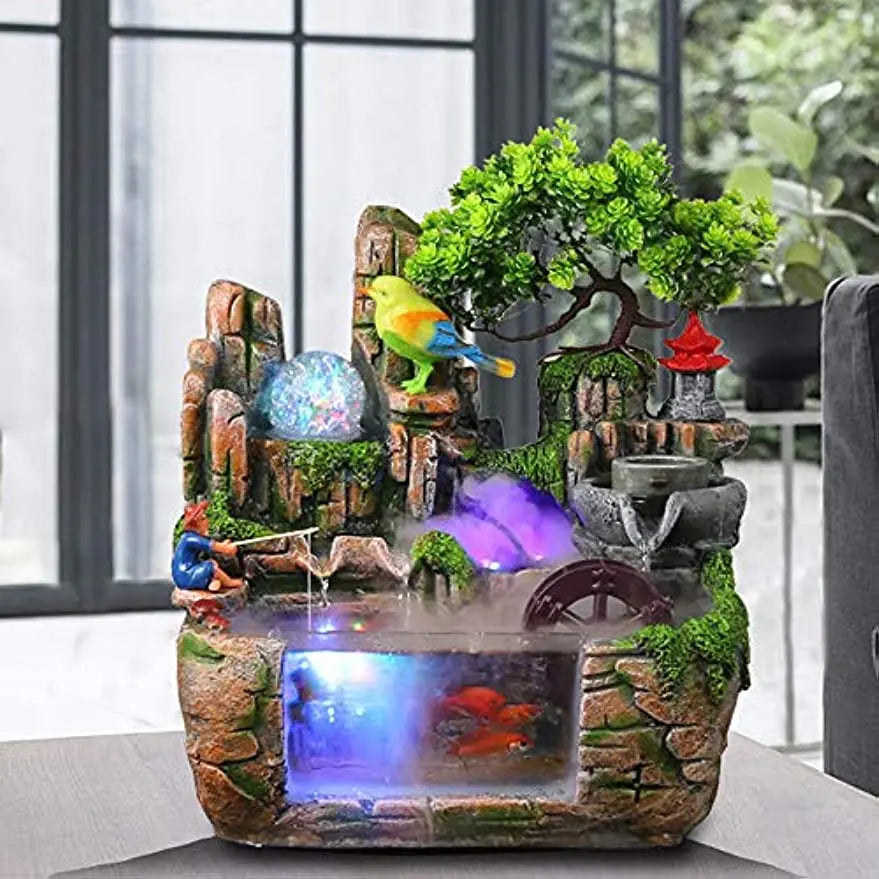 Desktop Fountain Waterfall with Rockery Indoor Relaxation Tabletop Resin Ornament with Light Bird & Fisherman for Home