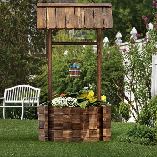 Outdoor Wooden Wishing Well Planter With Hanging Bucket