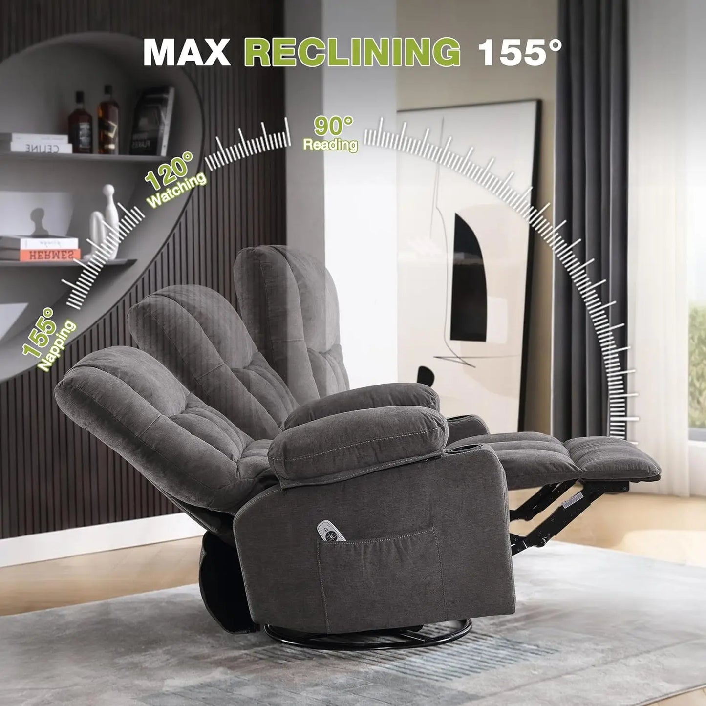 Massage Swivel Recliner Chair Oversized Rocker Recliner with Vibration Massage and Lumbar Heat Ergonomic Rocker Chair for Living Room with Side Pocket Two Cup Holders USB Charge Port