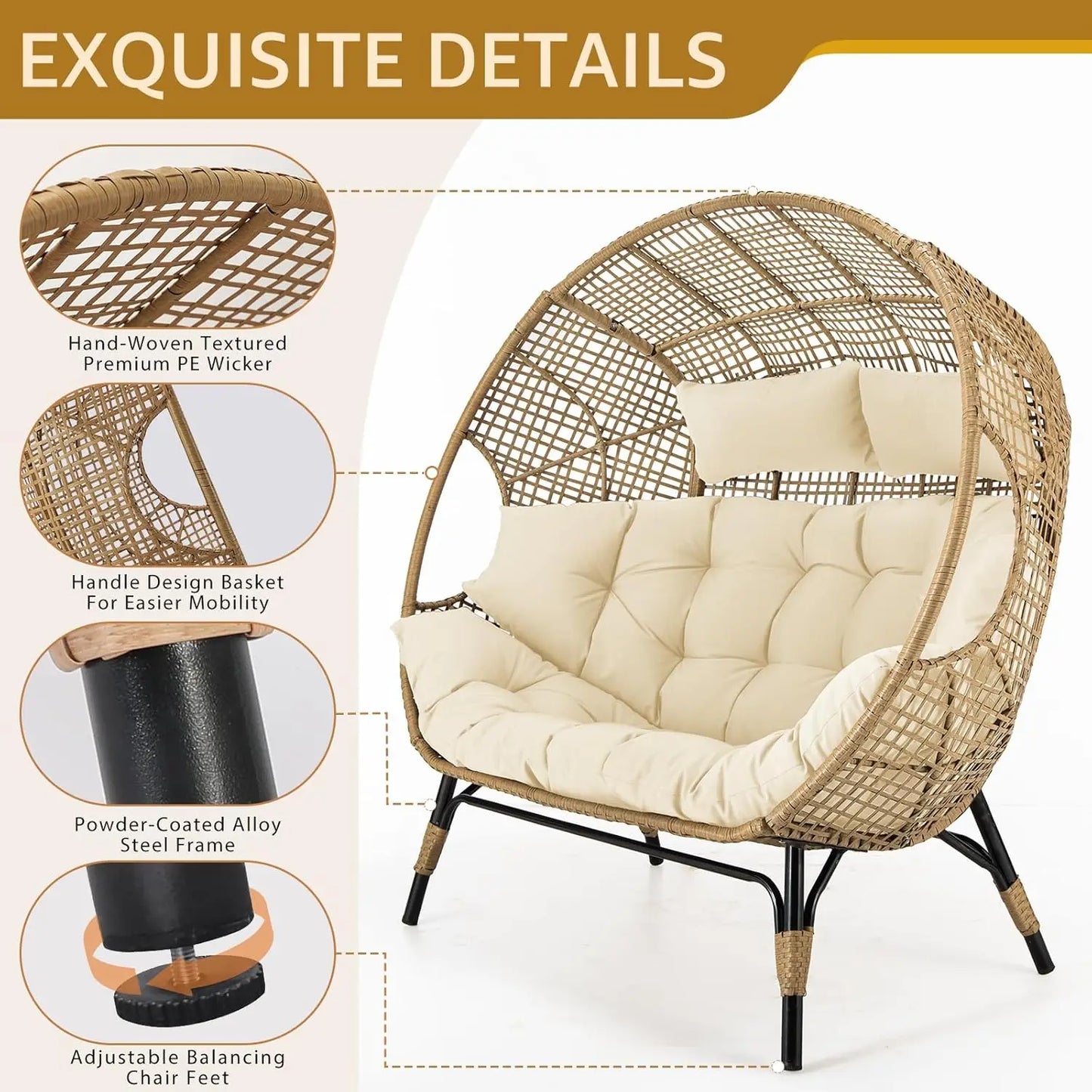 Double Egg Chair Indoor Outdoor Stationary Oversized Thicken Padded Cushions Two Person Egg Loveseat Chair 680 Pounds Extra Large Lounge Chair for Patio Balcony Porch Backyard Beige