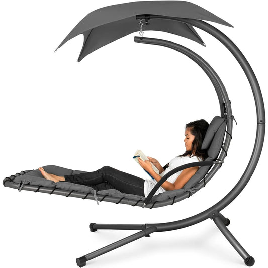 Outdoor Hanging Curved Steel Chaise Lounge Swing Canopy Gray