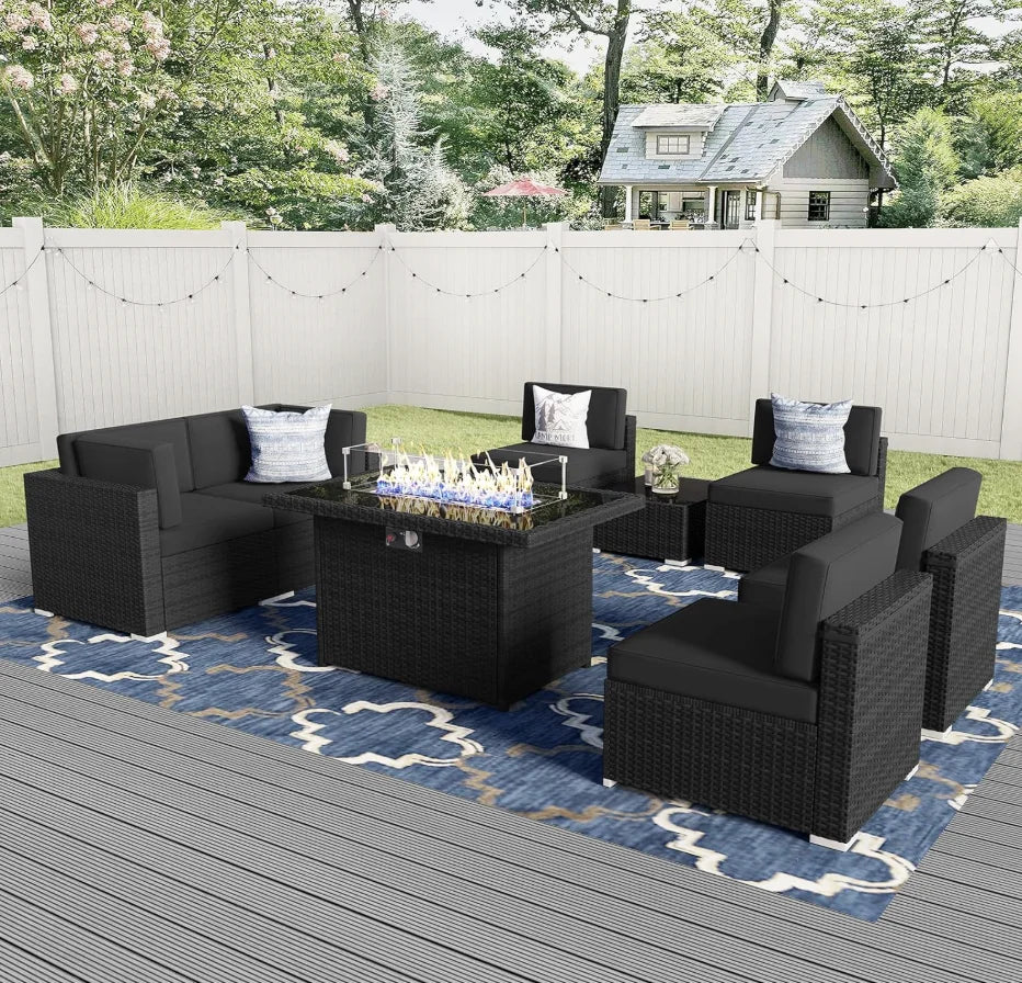 8 Piece Patio Furniture Set With 44 Inch Propane Fire Pit Table Sectional Wicker