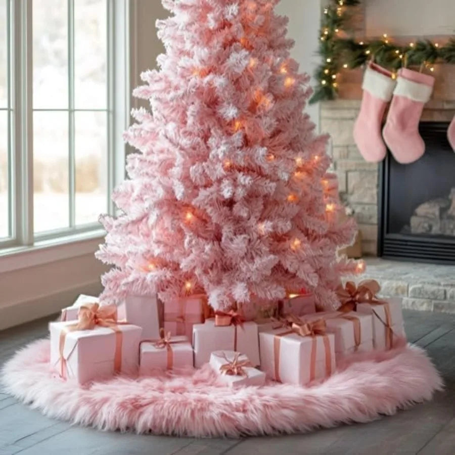 48 Inch Pink Faux Fur Christmas Tree Skirt Plush For Holiday Decor