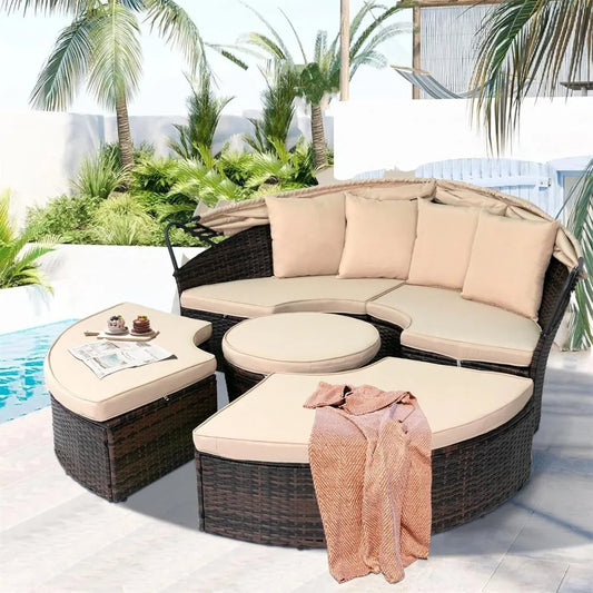 Patio Round Daybed With Retractable Canopy Rattan Wicker