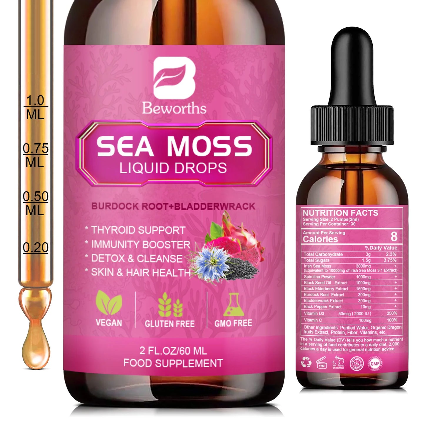 Beworths 3000mg Seamoss Liquid Drops Organic Black Seed Oil Burdock Root Bladder Immunity Hair Skin Digestion Health 60ml