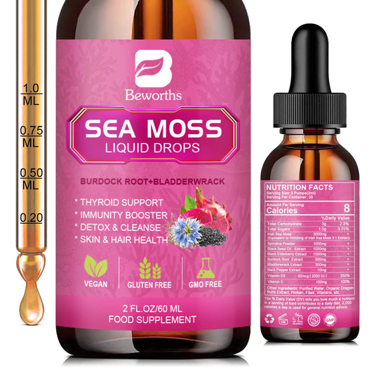 Beworths 3000mg Seamoss Liquid Drops Organic Black Seed Oil Burdock Root Bladder Immunity Hair Skin Digestion Health 60ml