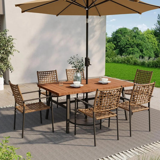 Outdoor Patio Dining Set 7 Pieces Rattan Dining Table and Chairs with Metal Table and Umbrella Hole Modern Patio Furniture