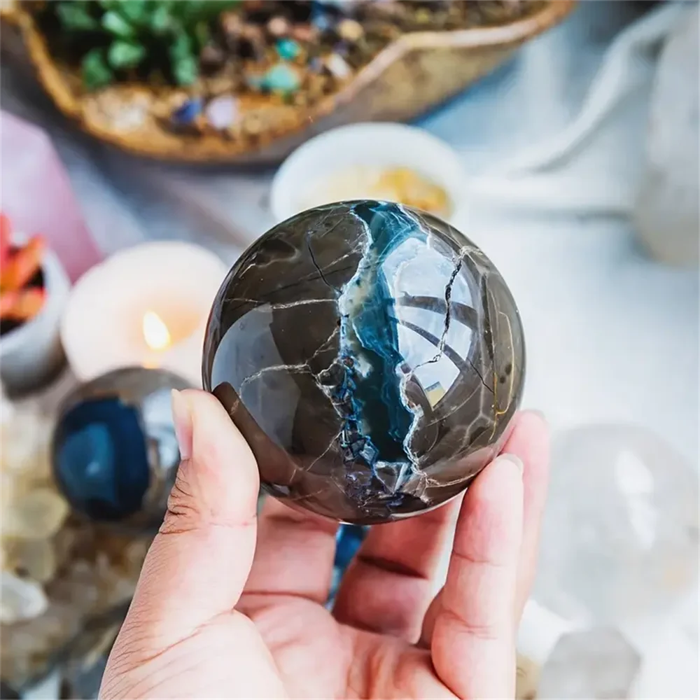 Natural Volcanic Agate Moon Crystal Ball UV Reactive Fluorescence Bohemian Green Brown Marbled Gemstone