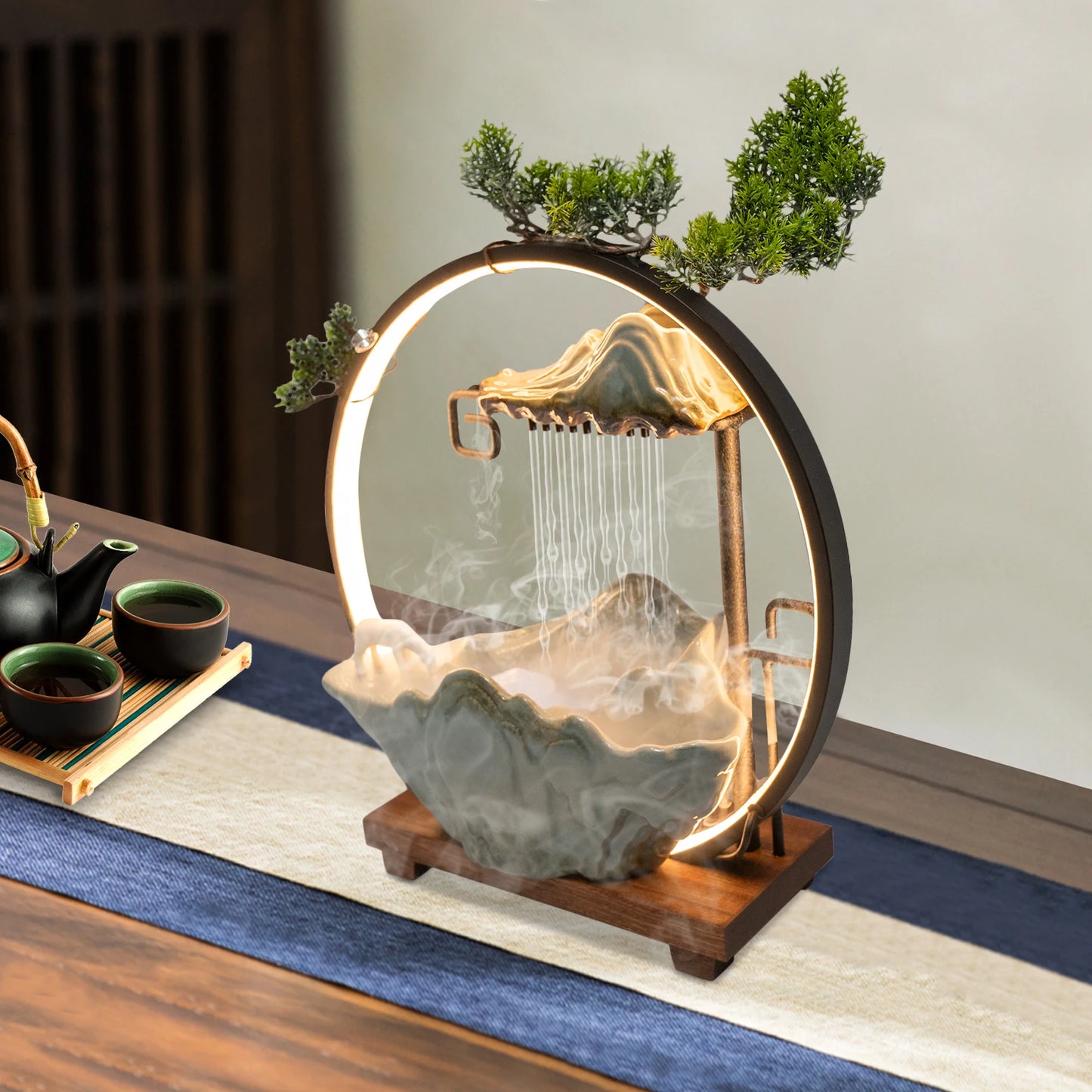 Backflow Incense Holder with Water Fountains and LED Light, Rockery, Horse and Plants Perfect for Relaxing or Home Decor