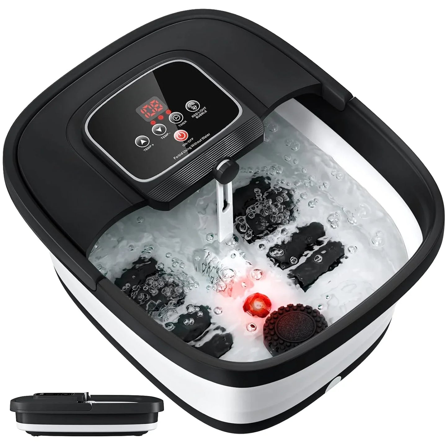 Foot Bath Massager with 8 Shiatsu Massage Rollers Collapsible Foot Spa with Heat Bubble Red Light and Temperature Control Black
