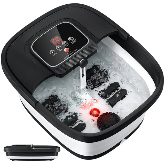 Foot Bath Massager with 8 Shiatsu Massage Rollers Collapsible Foot Spa with Heat Bubble Red Light and Temperature Control Black