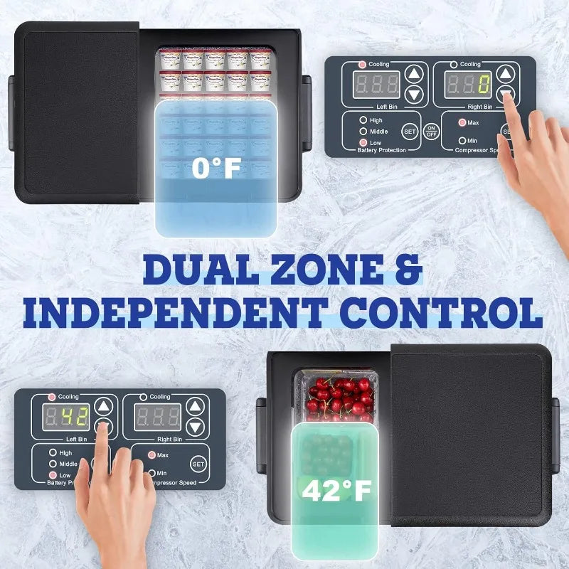 PT45 Electric Cooler Car Refrigerator 45L Dual Zone Portable Freezer Fridge 12V