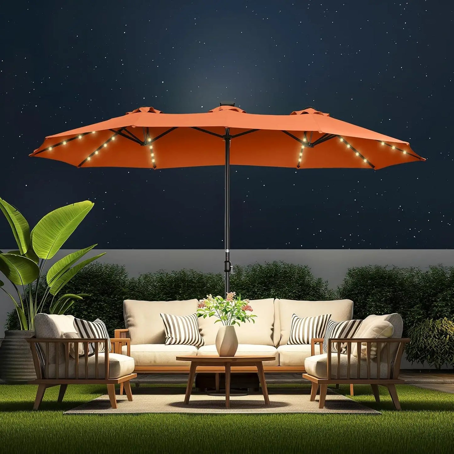 Double Sided Patio Umbrellas - 13ft Solar Lights LED Lighted Outdoor Extra Large Market Table Umbrella with Base Included