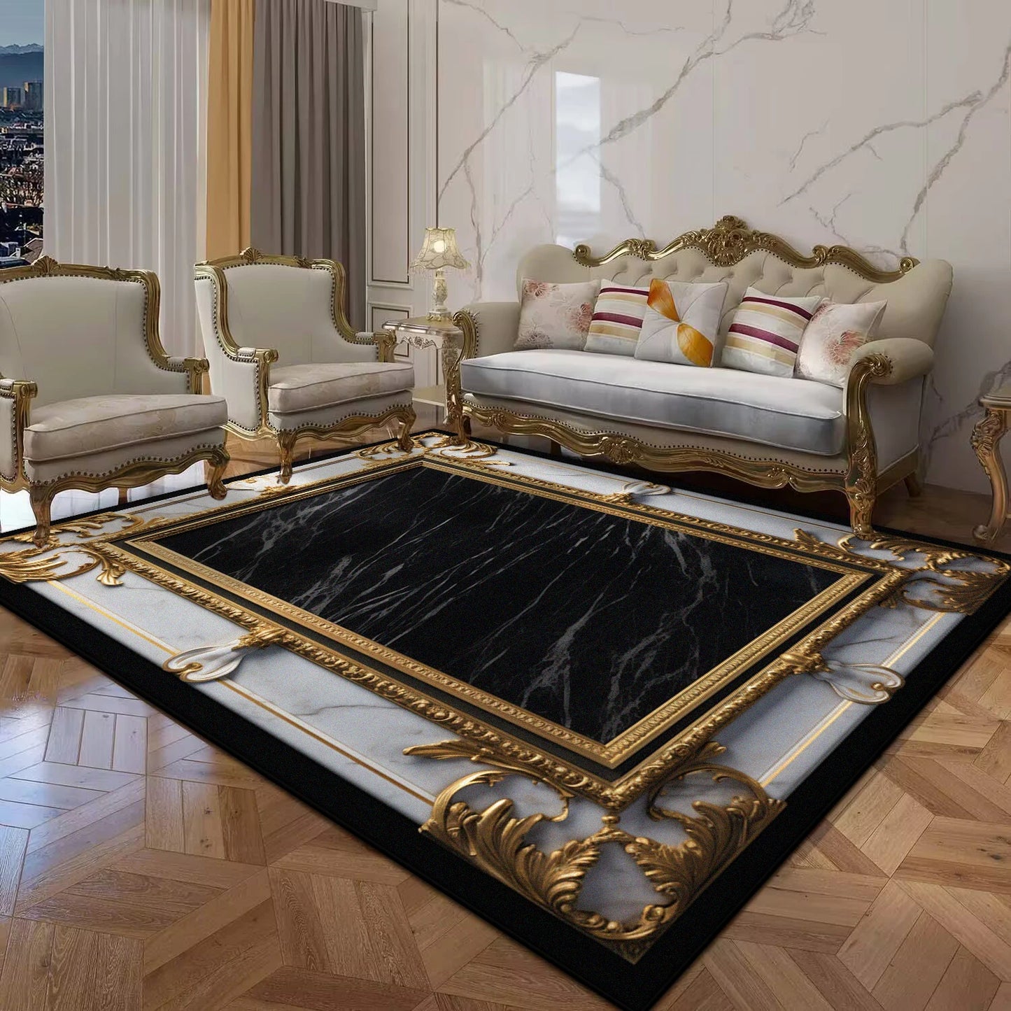 Black Gold Marble Luxury Carpet for Living Room Sofa Table Large Area Rugs Balcony Anti Slip Doormat