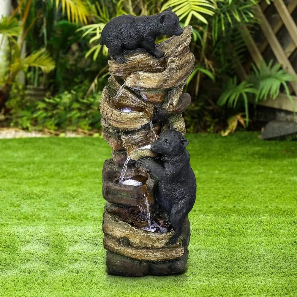 5 Tier Outdoor Garden Water Fountain Bears Climbing Tree Resin Fountain with LED Lights Lawn Patio Decoration