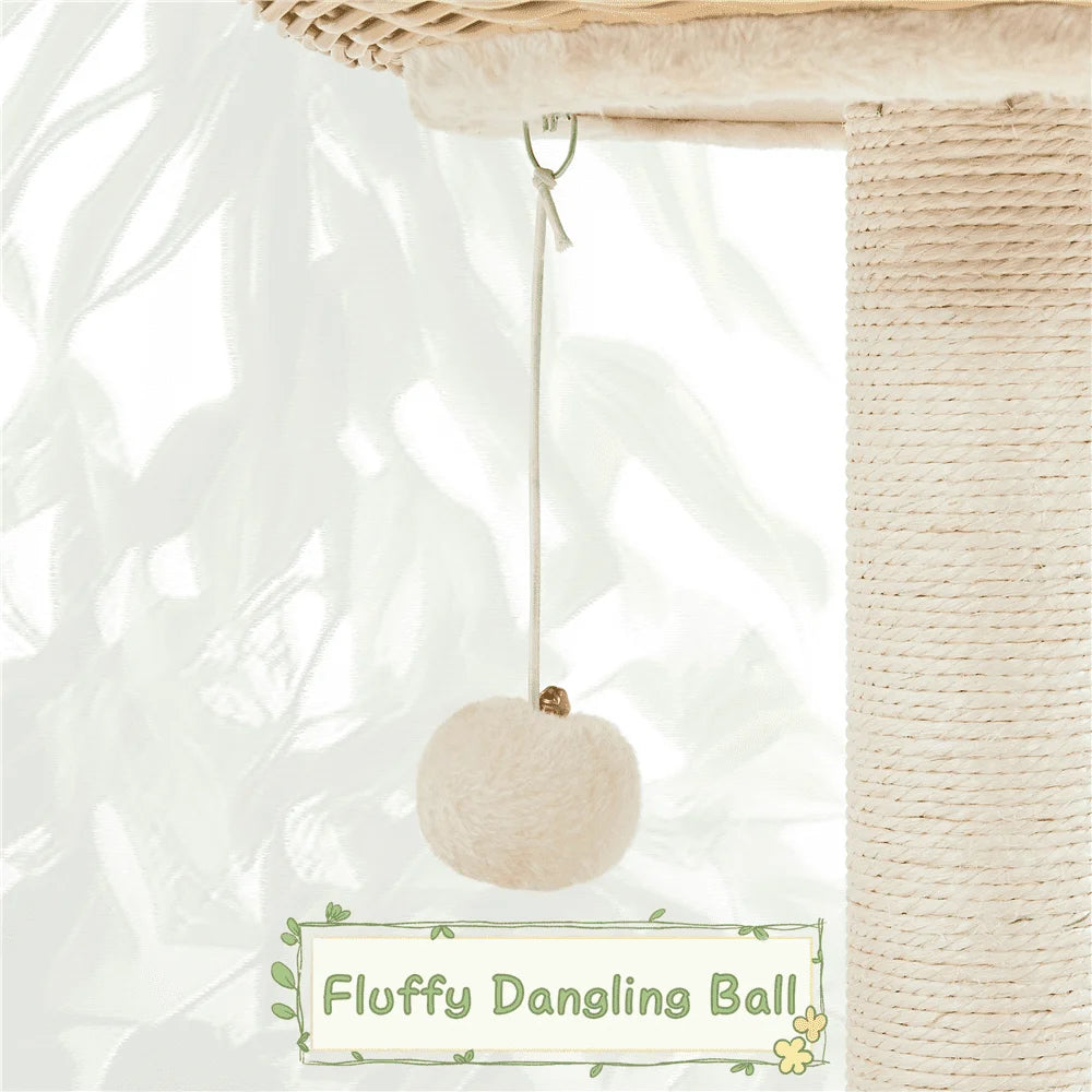 29.5 Inch Tall Rattan Cat House with Soft Cushion and Natural Sisal Scratching Post in Beige