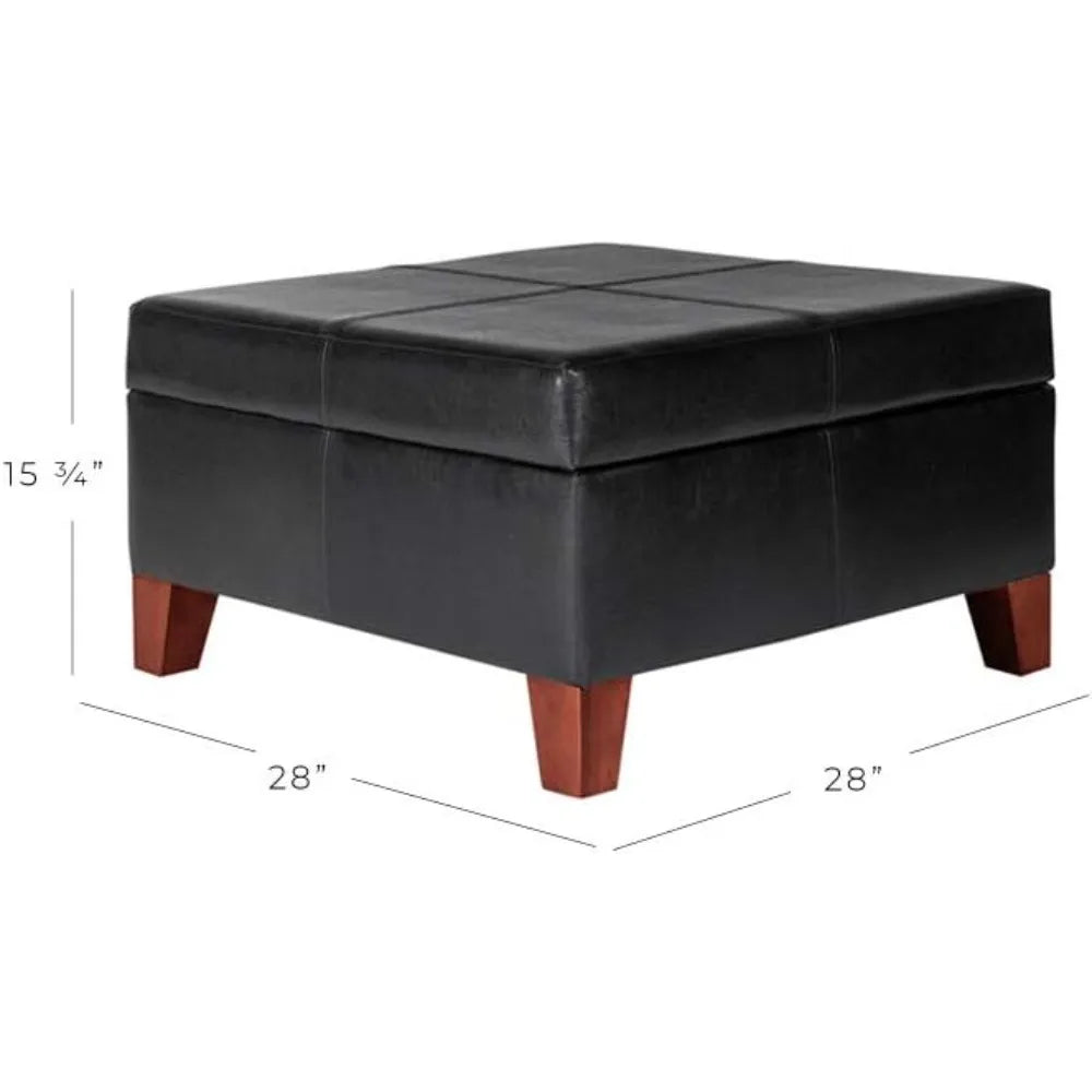 Luxury Large Faux Leather Square Storage Ottoman for Living Room and Bedroom Black
