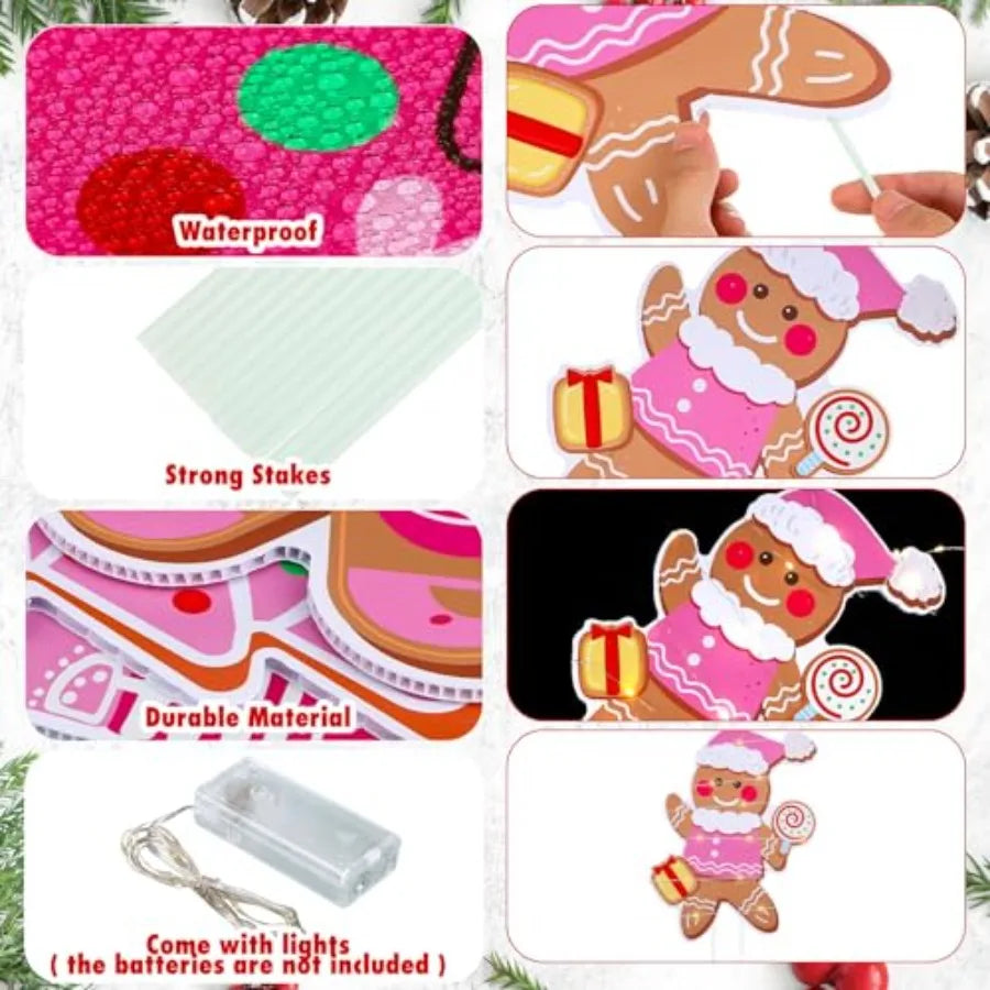 10 Pink Gingerbread Man Yard Signs With Stakes Light Up Outdoor Christmas Decor