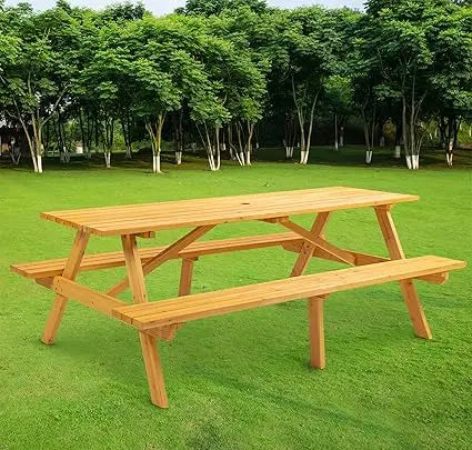 10 Person Solid Wood Round Picnic Table and Bench Set with Umbrella Hole Outdoor Furniture