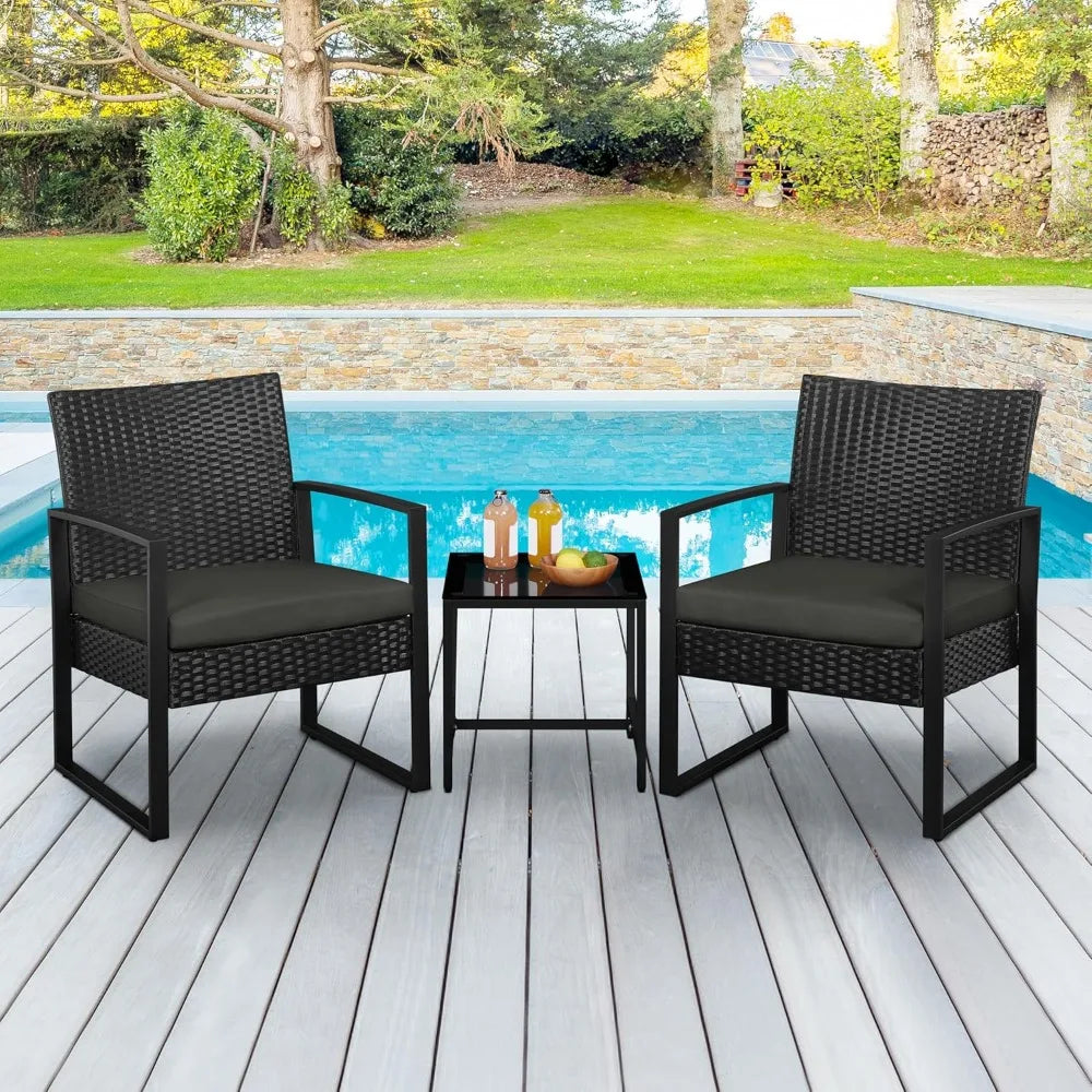 3 Pieces Rattan Bistro Set Indoor Outdoor Wicker Patio Modern Conversation Furniture 2 Chairs and Tempered Glass Coffee Table
