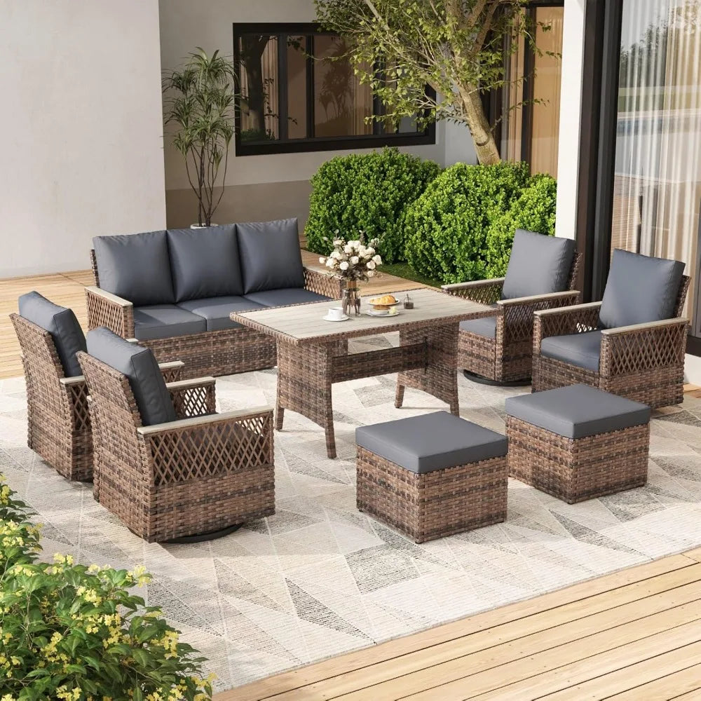Patio Furniture Set Outdoor Swivel Glide Chairs with Ottomans Three Seat Sofa and Dining Table All Weather Conversation Set