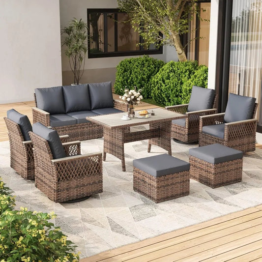 Patio Furniture Set Outdoor Swivel Glide Chairs with Ottomans Three Seat Sofa and Dining Table All Weather Conversation Set
