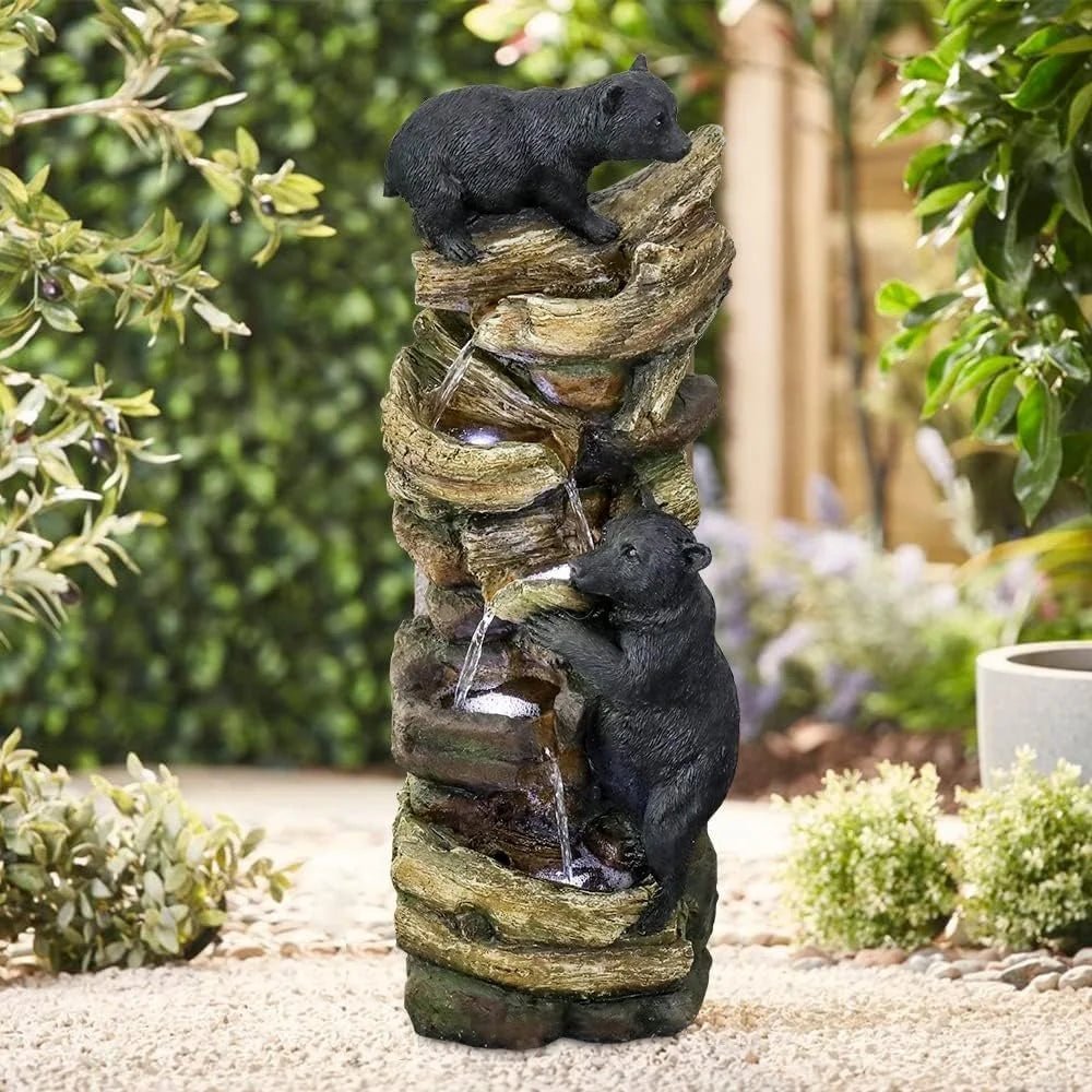 5 Tier Outdoor Garden Water Fountain Bears Climbing Tree Resin Fountain with LED Lights Lawn Patio Decoration