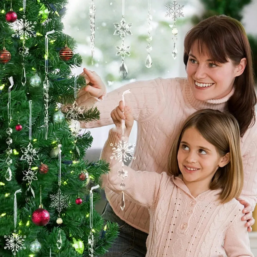 18Pcs Crystal Plastic Christmas Ornaments Set Icicles Snowflakes Beads Garlands