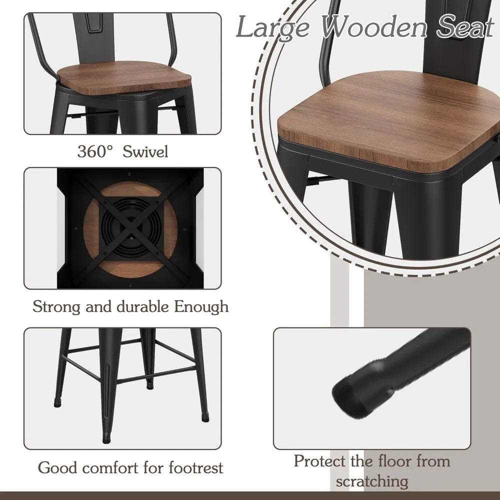 30 Inch Swivel Metal Bar Stools Set Of 4 High Back Wood