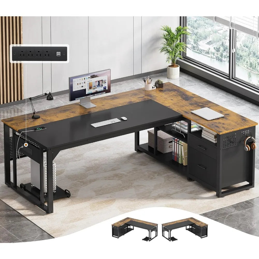 71 Inch Executive L Shaped Desk With Power Outlets Storage