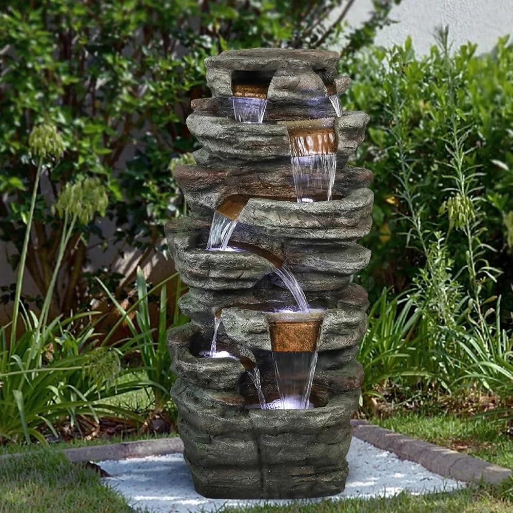 7 Tier Outdoor Garden Water Fountain with LED Light Resin Waterfall Decor for Patio Yard Porch and Backyard Relaxing Sound