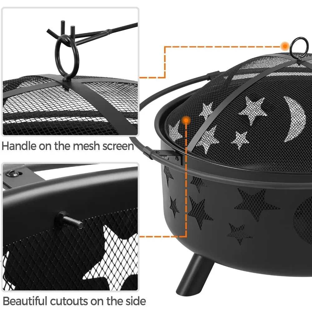 30 Inch Wood Burning Fire Pit With Spark Screen And Poker