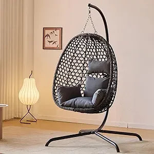 Double Hanging Swing Egg Chair with Stand, Hexagon Wicker Hammock Swing Chair for Outdoor Garden Patio, 2 Person Egg Chair with