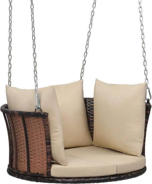 2.4 FT Rattan Porch Swing for One Person Outdoor Support 440 Pounds with Cushions and Adjustable Chains