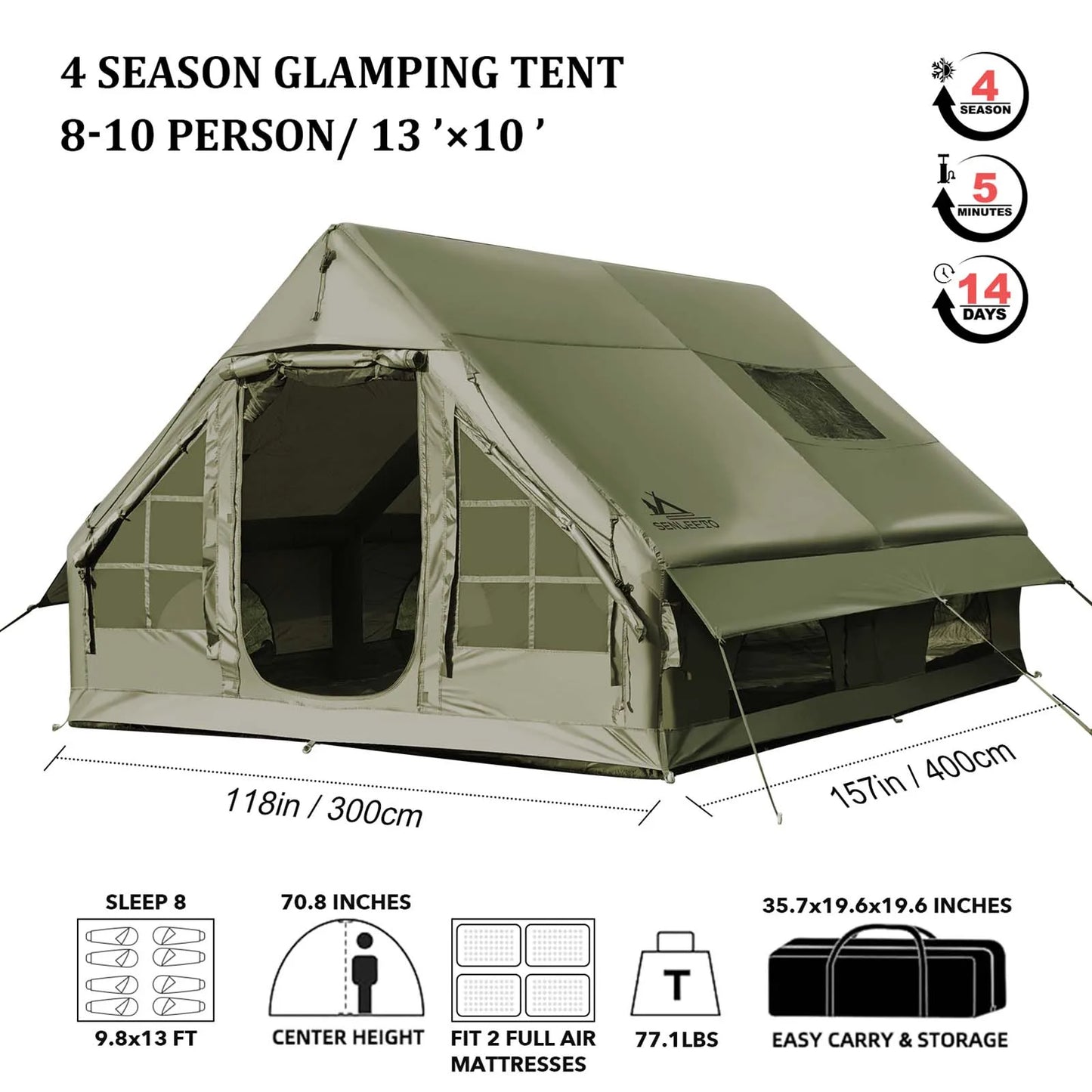 Army Green Inflatable Camping Tent 13 By 10 Ft 4 Season Waterproof Oxford Fabric