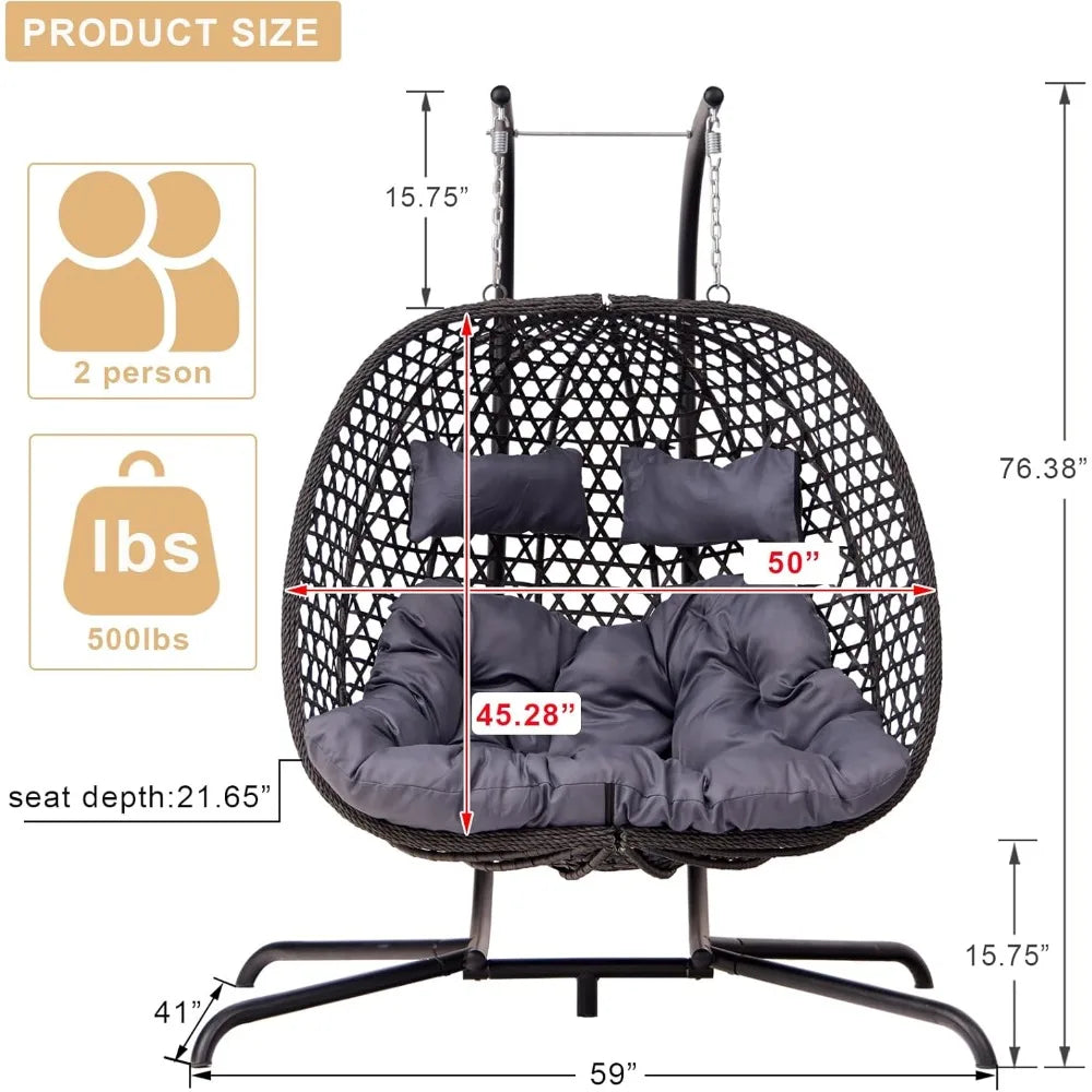 Double Hanging Swing Egg Chair with Stand, Hexagon Wicker Hammock Swing Chair for Outdoor Garden Patio, 2 Person Egg Chair with