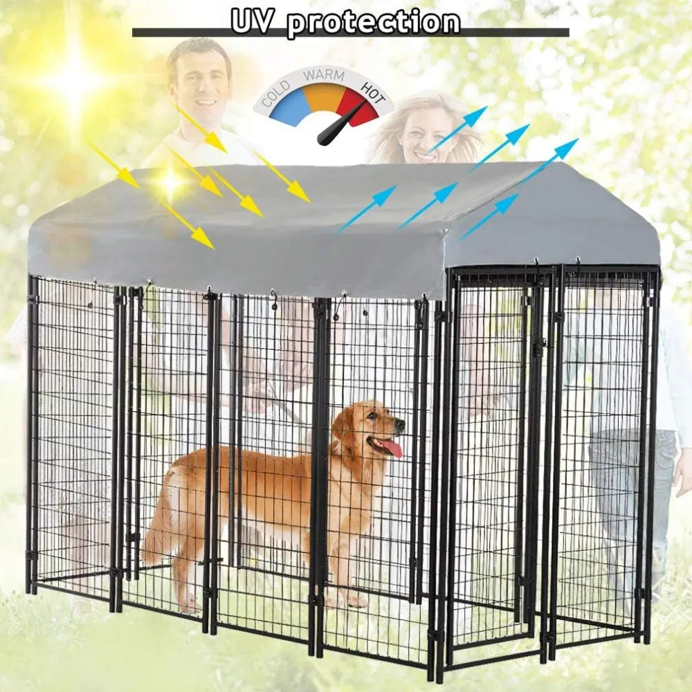 Large Outdoor Dog Kennel with Roof and UV Protection Waterproof Cover, Welded Wire Heavy Duty 8' x 4' x 6'/