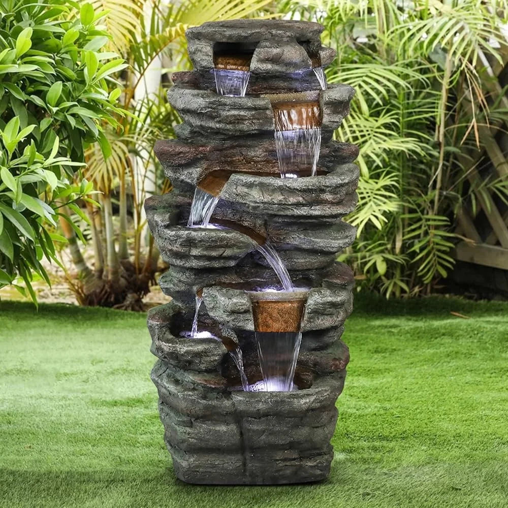 7 Tier Outdoor Garden Water Fountain with LED Light Resin Waterfall Decor for Patio Yard Porch and Backyard Relaxing Sound