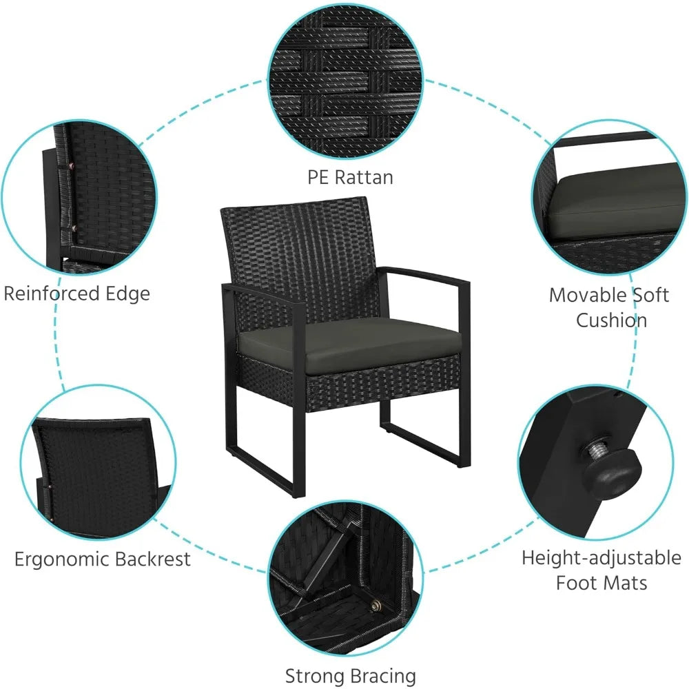 3 Pieces Rattan Bistro Set Indoor Outdoor Wicker Patio Modern Conversation Furniture 2 Chairs and Tempered Glass Coffee Table