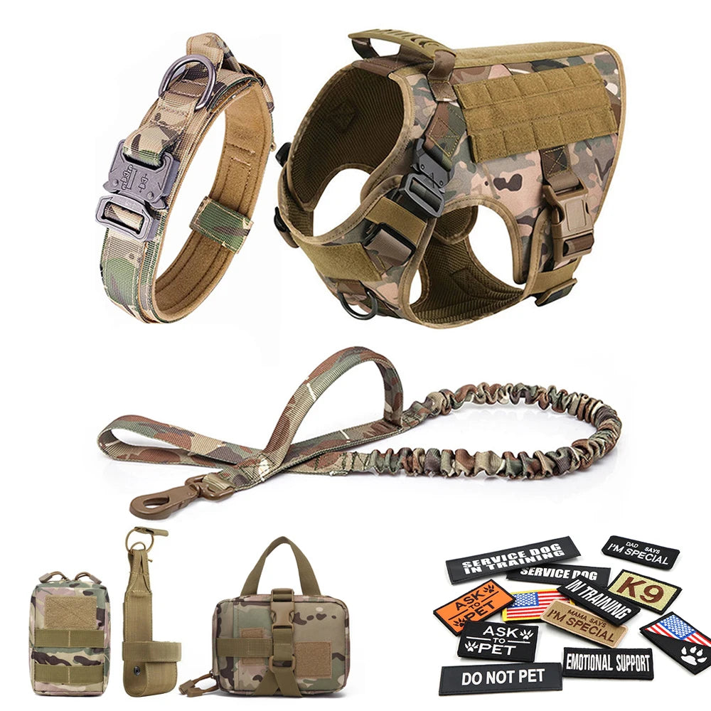 Military Large Dog Harness with Collar Leash Bags and Patches Set for Pet Malinois Training Vests Tactical Dog Accessories